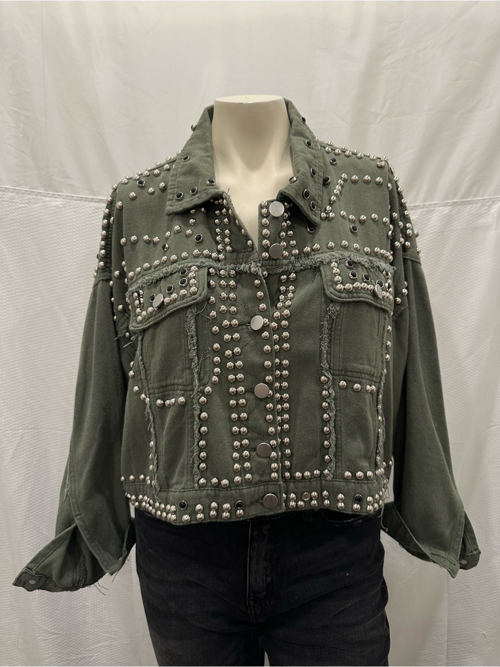 Olive Green Studded Cropped Jean Jacket - Women